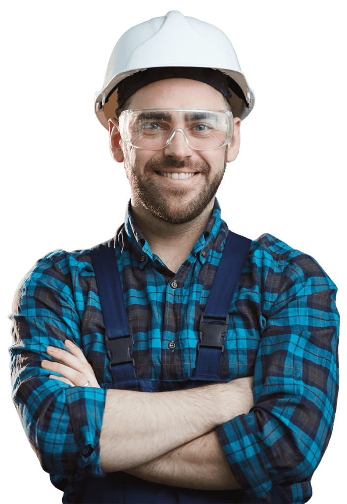 A man wearing glasses and a hard hat.