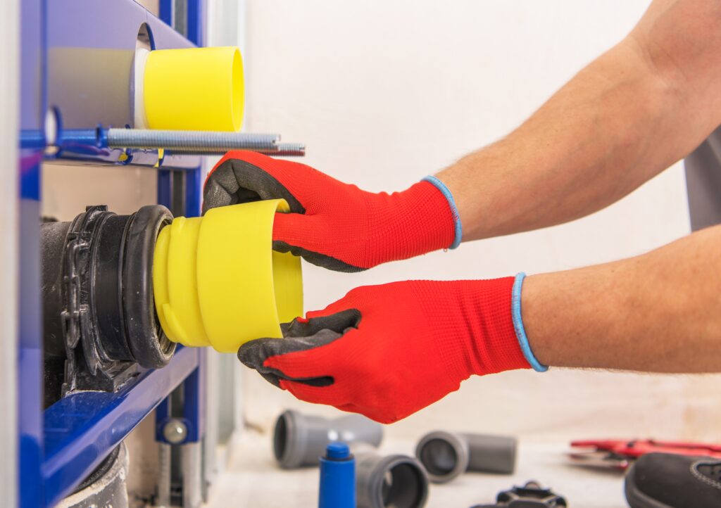 A person wearing red gloves and working on a machine.